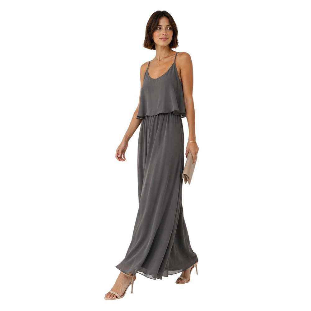 Show Me Your Mumu Caitlin Ruffle Maxi Dress XS Gray Chiffon Wedding Bridesmaid